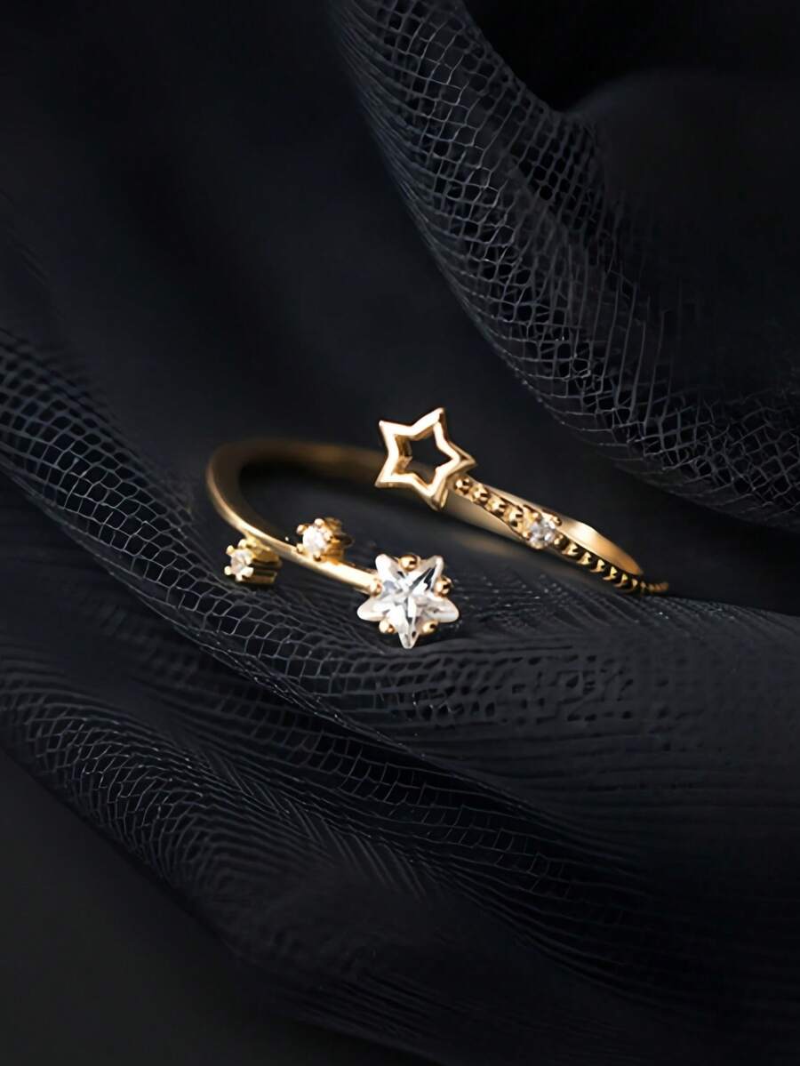 1枚时尚清新星形可调节开口戒指，适合女性日常、派对和节日佩戴 - 金黃色 - 查看 1