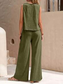 Spring - Summer Casual  Set, Sleeveless Polyester Top, Wide - Leg Pants Combo, Fashion Solid Color Two - Piece - 軍綠色 - 查看 2