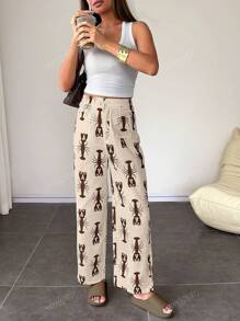 Pantalones rectos y delgados de estilo casual con estampado de langosta para mujer