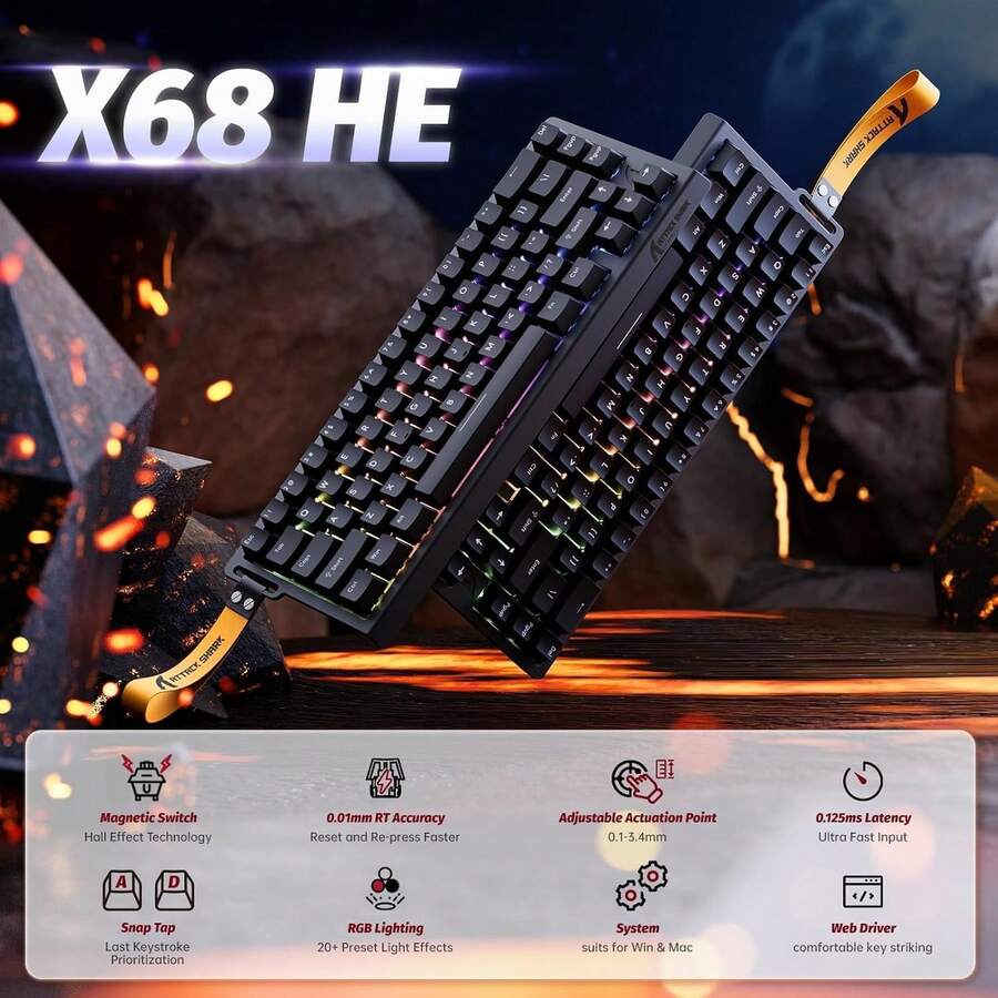 ATTACK SHARK X68 HE Wired Mechanical Gaming Keyboard 60%, Hall Effect Magnetic Switch With Quick Activation, Adjustable Driver, 8KHz Polling Rate, RGB Backlight, Top Mount, Side Printed Keycaps - 黑色 - 查看 1