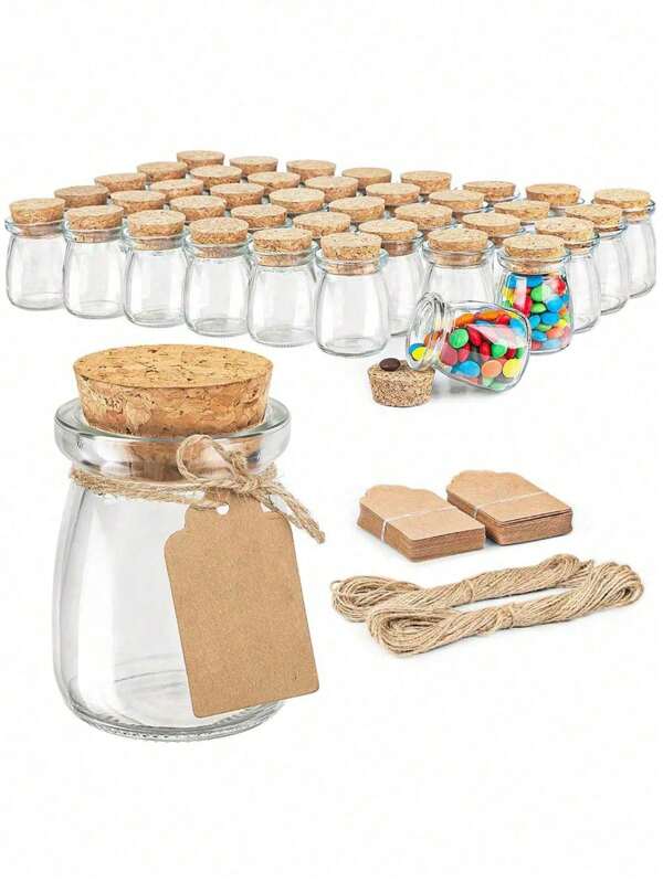 100 Stück Glas Geschenkgläser mit Korkdeckel, 100ml kleines Glas für Hochzeiten, Babypartys, Partybevorzugungen, Süßigkeiten, inklusive Schnur und Anhänger für Babyparty, Mädchen Geburtstag Dekoration