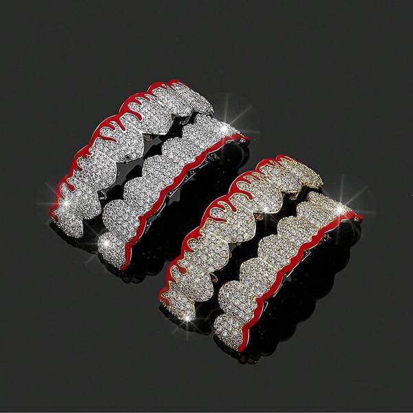 Unisex Hip Hop Tooth Jewelry, 14K Gold-Tone Cubic Zirconia Tooth Grillz, Bling Bling Rapper Teeth Grill