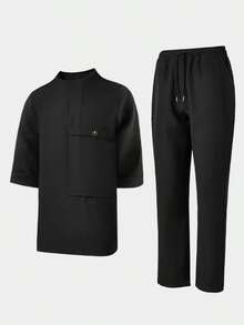 2 件套，新款春夏男士 Dashiki 套装，黑色短袖，大口袋，卷袖，圆领，松紧腰裤，非洲服装，男士休闲短袖裤 2 件套，街头风格，派对，约会，婚礼，商务，日常穿着，文化活动，传统仪式