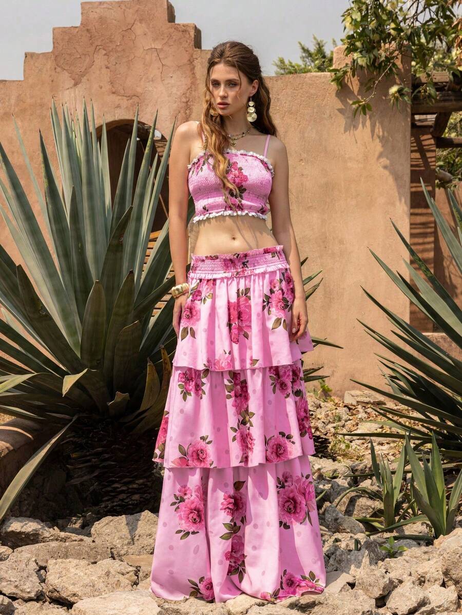 BohoBloom Bohemian Style Women 2 Pieces Set: Ruffle Strap Camisole And Multi-Layered Long Skirt - Beach Vacation, Weekend Casual, Picnic, Summer Stroll - Watermelon Pink - View 1