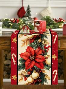 1pc 35*180cm/13.78*70.87inch Christmas Tablecloth, Red Candle, Holly, Golden Christmas Flower & Bell Decor With Golden Edge, Festival Fabric Decoration Suitable For Dining Table, Coffee Table, Hallway, Create Warm Christmas Atmosphere