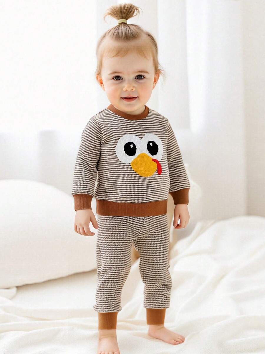 Toddler Girls Boys Halloween Outfits Pumpkin/Ghost/Tree/Turkey Embroidery Sweatshirts And Long Pants 2Pcs Clothes Set - Brown - View 1