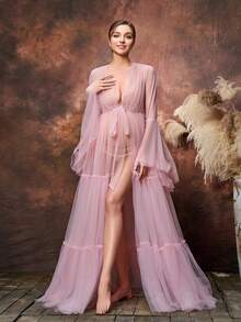 Faeriesty Váy bầu thanh lịch Dressalisa cổ chữ V sâu, tay dài, vải tuyn mỏng manh, thắt nơ eo và chân váy tuyn xẻ cao - Thiết kế nhẹ nhàng, thoáng mát cho tiệc mừng em bé, tiệc cưới và tiệc tối trang trọng - Hồng - Xem 1