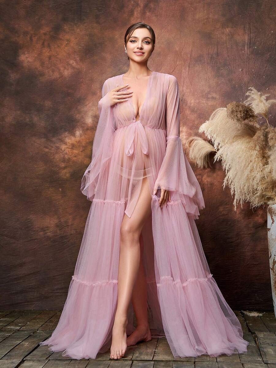 Faeriesty Váy bầu thanh lịch Dressalisa cổ chữ V sâu, tay dài, vải tuyn mỏng manh, thắt nơ eo và chân váy tuyn xẻ cao - Thiết kế nhẹ nhàng, thoáng mát cho tiệc mừng em bé, tiệc cưới và tiệc tối trang trọng - Hồng - Xem 1