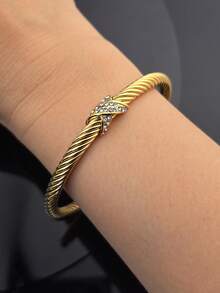 1pc Fashionable Cubic Zirconia Women Stainless Steel 18K Gold Plated 5mm Cable Twist Openable Adjustable Bangle Bracelet, Elegant Jewelry Gift For Lover, Family, Friends - Gold - View 9