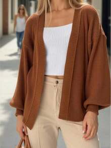 Women's Knitted Cardigan Coat Fang Stitch Long Puff Sleeve Iverno - 卡其色 - 查看 2