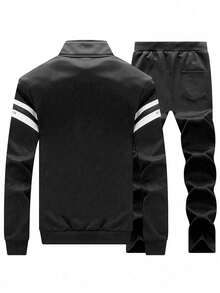 Men's 2 Pieces Fleece Tracksuit Set - Warm Zip-Up Jacket And Straight-Leg Pants For Fall & Winter - Black - View 4