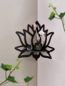 1pc/2pcs Simple Creative Wall Mount Display Rack (Hooks Included), Black Minimalist Butterfly & Lotus Decorative Wall Hanging, DIY Assembly Wooden Small Storage Rack