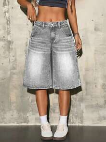 Short de mezclilla de tiro alto tipo "Bermuda" para mujer de talla grande, shorts vaqueros casuales de corte holgado - Gris - Ver 1