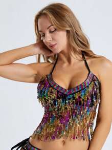Costume da ballo del ventre con frange e paillettes, costume da cantante con schiena scoperta adatto per discoteca e bar