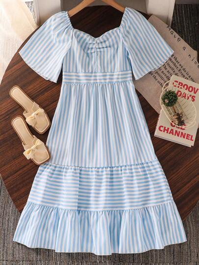 Left Mama Girls Elegant Fresh Striped Short Sleeve Dress, Summer