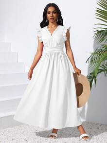 Elegante Vestido Largo Para Mujer De Color Sólido,Vestido Manga Con Volante,Vestido Cuello En V, Vestido Con Cintura Plisada De Verano - Blanco - Ver 1