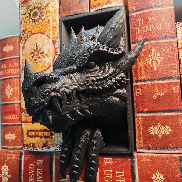 Dragon Bookends 3D Printed - Black Medieval Style Book Holder, Decorative Bookshelf Organizer For Home & Office
