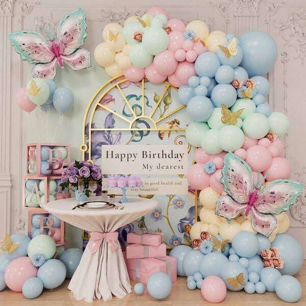1 set de kit grande de globos con mariposas, incluye decoración de mariposas 3D, serie de colores macarrón