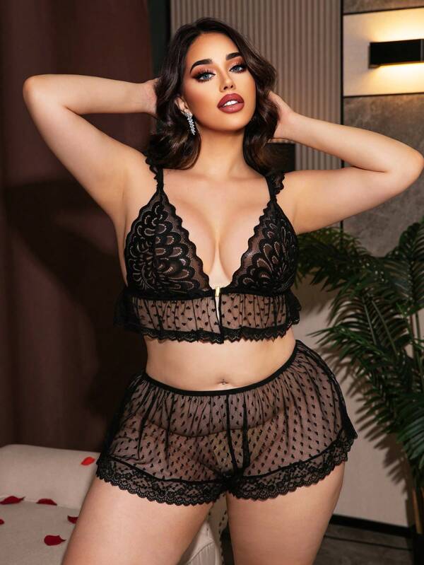 Plus Size Sexy Lingerie Set, Floral Print Sheer Lace Patchwork