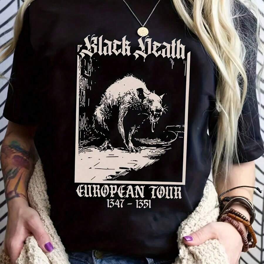 Plus Size Women's Casual T-Shirt Black Death Round Neck 1/4 Short Sleeve T-Shirt.Summer - 黑色 - 查看 1