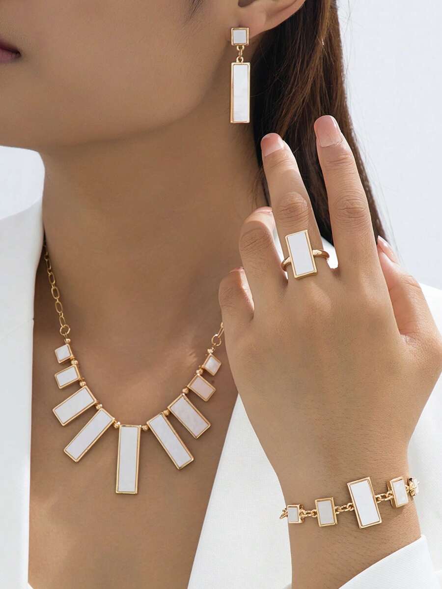 1 Set - 1 pieza Collar con colgante geométrico asimétrico blanco, 1 pieza Pulsera, 1 pieza Anillo, 1 pieza de Aretes de botón, Conjunto de Joyería para Mujer