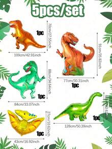 5 件/套恐龙铝箔气球套装，包括大型霸王龙恐龙气球、气球丝带、三角龙、翼龙铝箔气球，适用于恐龙主题生日派对装饰、男孩丛林恐龙主题用品、装饰、侏罗纪主题派对装饰 - 彩色 - 查看 2