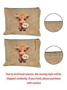 迷人的苏格兰高地牛主题印花亚麻手提包和化妆包，印有捧花小牛图案，零钱包，拉链包，个性礼品包，卡通趣味多功能手提包，黄色亚麻黑色手提包配黑色扣，购物袋 - 彩色 - 查看 11