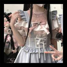 Sweet Cold Shoulder Shirt Women Lace Mesh Sheer Short Sleeve Blouse Vintage Ruffle Button Cute Tops - 白色 - 查看 6