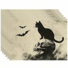 Juego de 1/2/4/6 individuales, estilo de gato negro de Halloween, con patrón de murciélago, tamaño 30x45 centímetros. Los individuales de poliéster de Halloween son adecuados para cocinas/manteles resistentes al calor del hogar, fáciles de limpiar y son accesorios ideales para mesas de cocina del hogar. Son adecuados para reuniones familiares y ocasiones interiores y son la mejor opción para la decoración de Halloween.