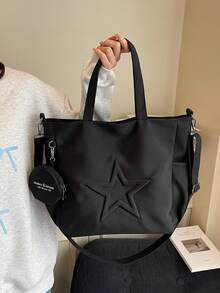 新款时尚休闲帆布手提包，带星星图案和多个口袋，包括一个零钱包