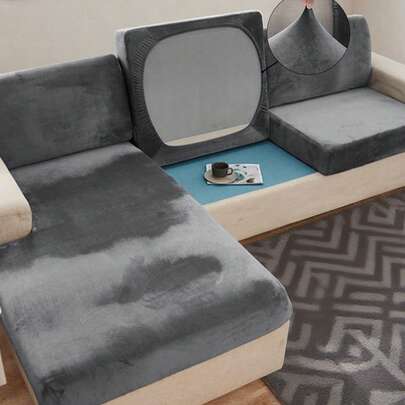 1件装深灰色弹力银狐绒沙发坐垫套，经典简约，纯色弹力防尘装饰保护套，适用于酒店、卧室、客厅沙发装饰、房间装饰，黑色、浅灰色、卡其色可选，秋季装饰，返校季，学习用品，可拆卸可水洗，四季皆宜。