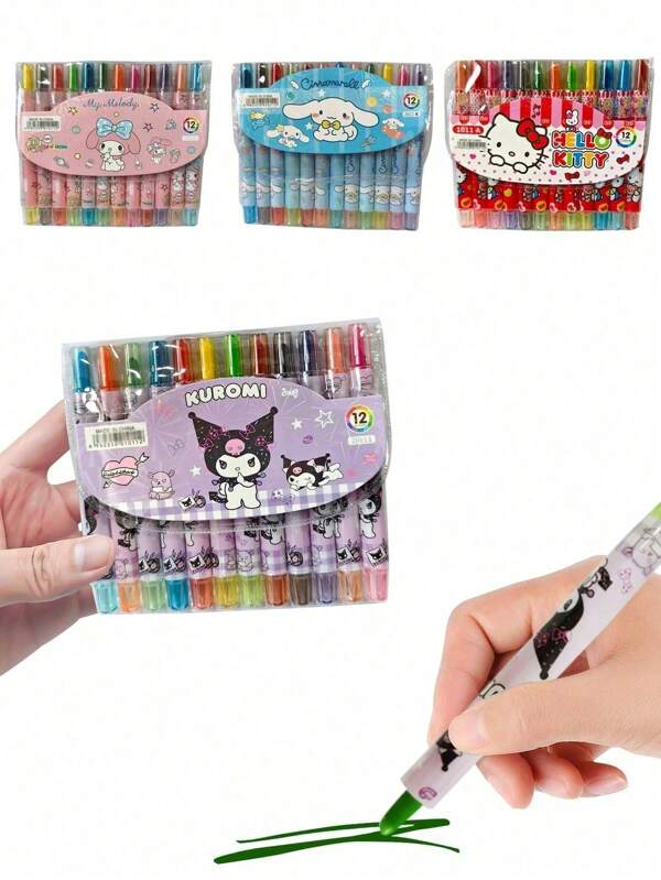 Sanrio 12 pièces Crayons de couleur rotatifs dessin animé Hello Kittys 12 couleurs, stylos de dessin Kuromi My Melody Cinnamoroll, bâtons de peinture, ensemble de peinture, fournitures scolaires (certaines pièces peuvent être aléatoires)