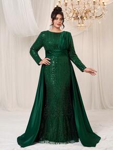 YISIKADO Plus Size Women Formal Party Evening Gown Luxurious Elegant Sequin Contrast Satin Modest Long Sleeve Dress Birthday Banquet Graduation Dinner Ball Ceremonial Dress - 墨綠色 - 查看 4