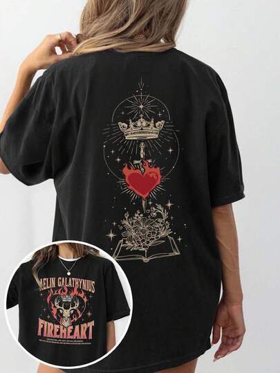 女式夏季玻璃王座图案印花圆领短袖简约休闲日常黑色加大码 T 恤上衣，