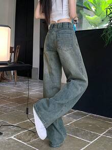 女式宽松口袋阔腿休闲牛仔裤 - 藍色 - 查看 5