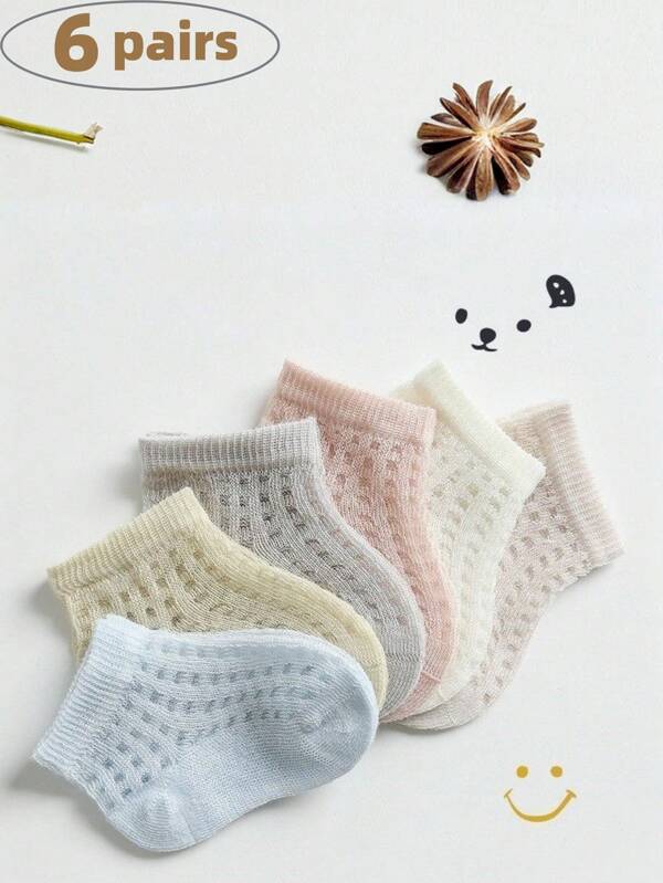 6 paia di calzini estivi sottili per bambini in tessuto di cotone, adatti sia per ragazzi che per ragazze, calzini a collo corto per neonati, con design in rete per traspirabilità, perfetti per uso quotidiano in estate e autunno, comodi e traspiranti.
