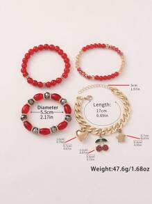 Conjunto de 4 pulseiras com pingente de coração de cereja e contas de vidro geométricas Boho, corrente CCB, adequadas para mulheres, uso diário, casual, boate, viagem