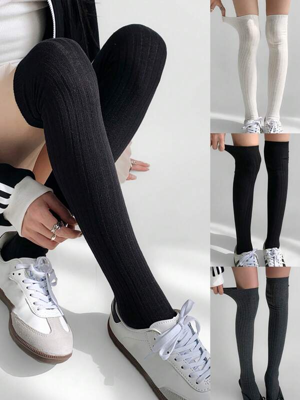 1 Pair/2 Pairs Vertical Striped Thigh High Socks, Warm & Soft For Spring & Autumn, JK Style