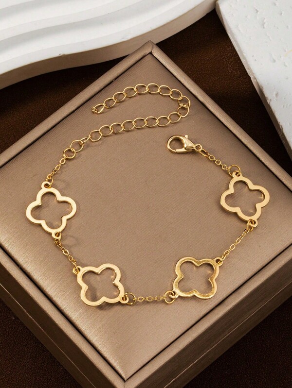 1pc Fashionable New Hollow Metallic Four-Leaf Clover Lucky Charm Ladies Bracelet, Suitable For Daily Wear