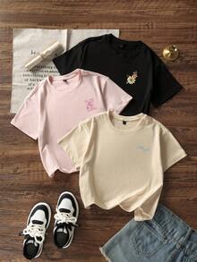 3 piezas Camisetas de cuello redondo de manga corta con estampado de logo para chicas adolescentes y estudiantes, blusas de verano - Negro - Ver 6