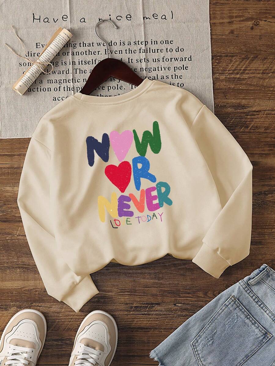 Tween Girl Casual Printed Pullover Crew Neck Sweatshirt, Thickened, Warm Long Sleeve Top For Autumn/Winter - The Colorful Crew Neck Sweatshirt Will Bring Joy And Happiness To Every Child - Apricot - View 1