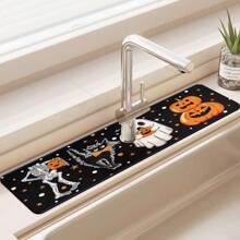 1 Stück Halloween Themen Küchen- & Badezimmer Saugfähige Matte - Kürbiskopf, Schädel und Geist Design, Armaturensplitterschutz und Abflussablage, hergestellt aus schnell trocknendem Diatomeenerde, Badezimmer Deko Matte | Verspieltes Design | Schnell trocknendes Material
