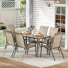 MAMIZO 7 Piece Outdoor Patio Dining Set, Rectangular Tempered Glass Table With Umbrella Hole, 6 Person Patio Table And Chairs Furniture For Backyard - Brown - View 9