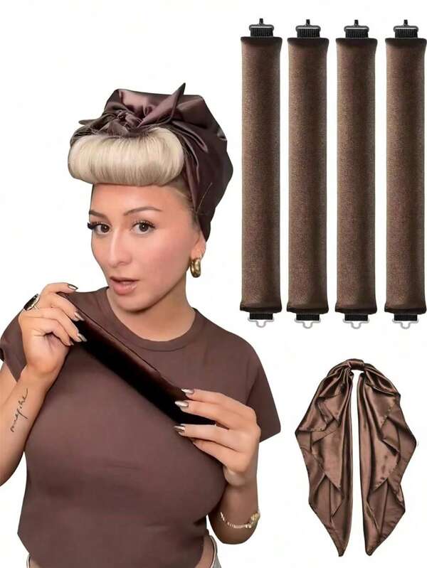 Set de 5 piezas de rizadores de satén sin calor, ondulador de cabello sin calor, diadema, y varillas de espuma para rizado, adecuado para cabello fino y grueso, color marrón