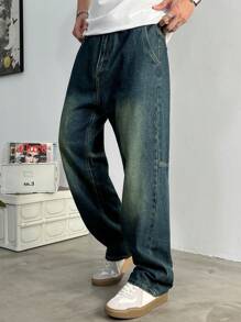 Jeans rectos holgados con lavado vintage para hombres, de moda y versátiles