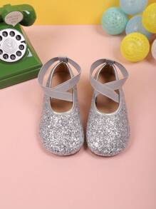 1 par de bailarinas planas de lona para niños con diseño brillante cruzado, zapatos casuales de moda tipo princesa de slip-on para primavera/otoño