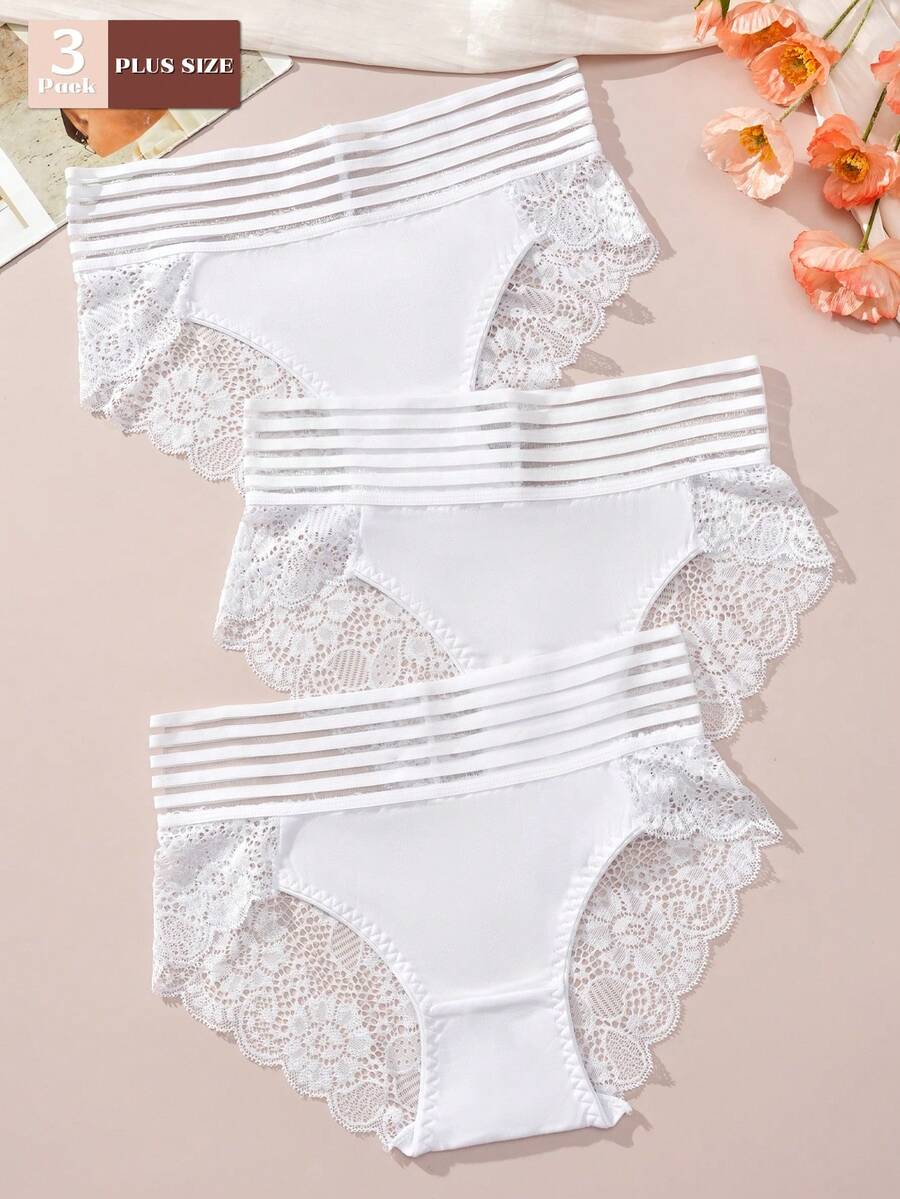 FOVTY 3pcs Plus Size Women Lace Sexy Panties & Lingerie Set, Autumn/Winter - White - View 1