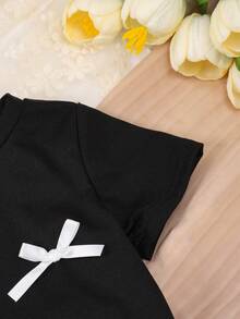 3pcs/Set Girls Casual Bow Decor Short Sleeve T-Shirts With Ruffle Lace Hem, Round Neck Tops For Baby Girl Summer Outfit - Multicolor - View 8