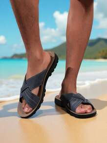 2025新款男士撞色手工凉鞋交叉绑带透气防滑轻便沙滩户外拖鞋透气休闲街头时尚人字拖 - 藍色 - 查看 5