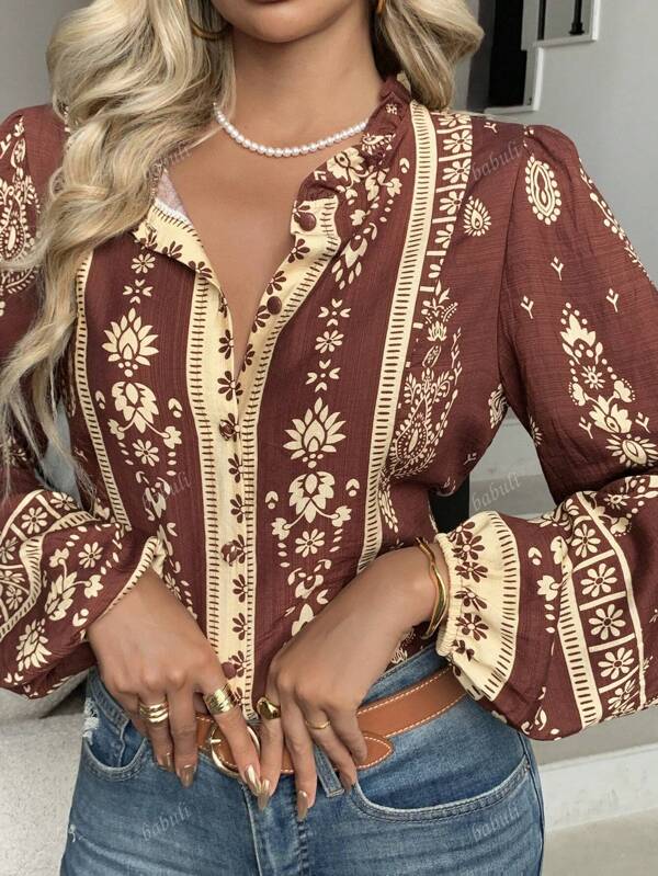 Camisas casuales retro para damas: Camisas elegantes de manga abullonada con botones - Uso casual bohemio para vacaciones, uso diario apropiado para las cuatro estaciones